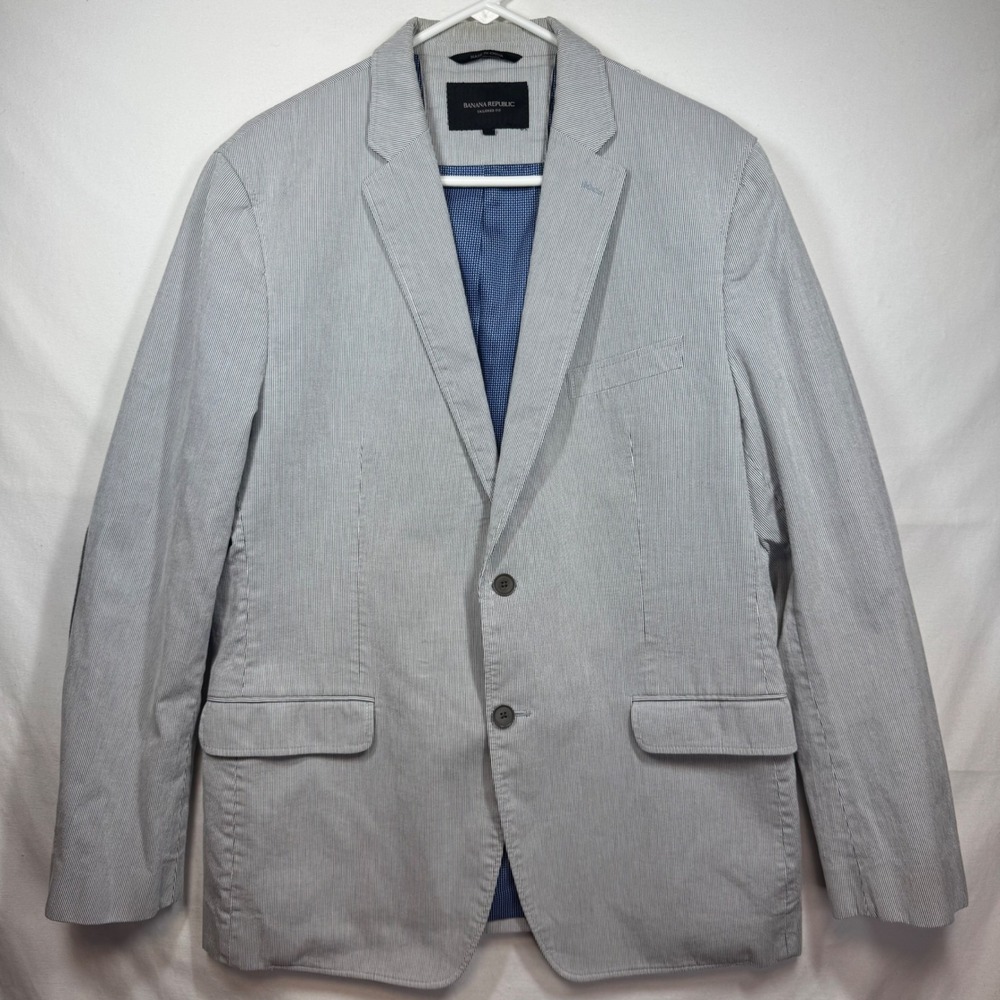 Banana Republic‎ Tailored Fit Blazer Gray White Striped Elbow Patch Sz 44R